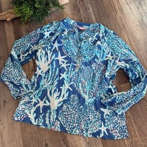 LILLY PULITZER 100% Silk Blue Coral Print Women's Top Size Large